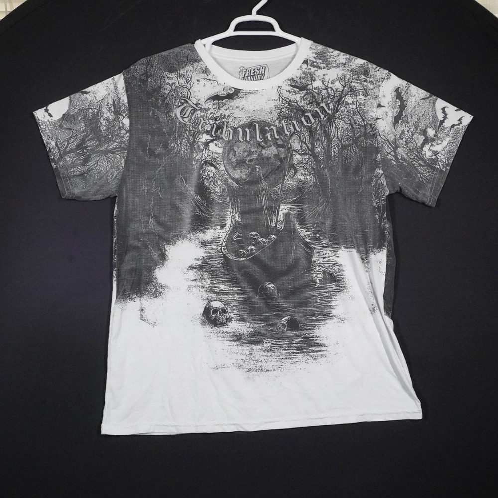 Fresh Laundry Tribulation T-Shirt XL White Grim Reaper Goth All Over Graphic Tee
